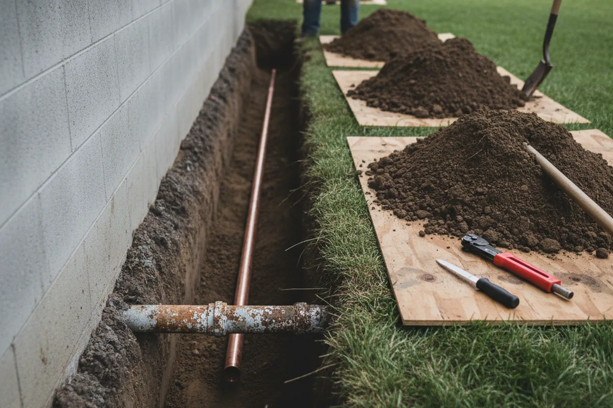 Excavated water line trench during Water Softener Installation in Maury